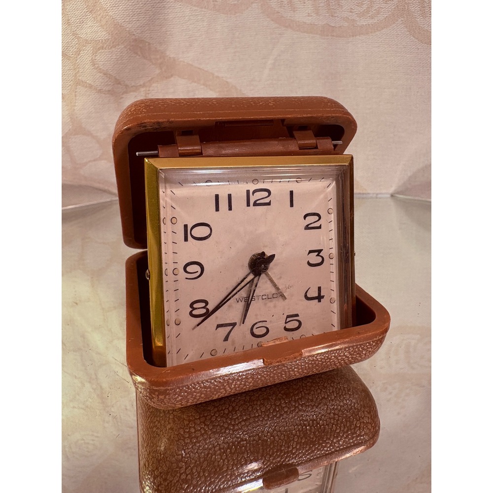 Vintage Westclox Travel Alarm Clock Brown Pebbled Folding Case Mechanical WindUp